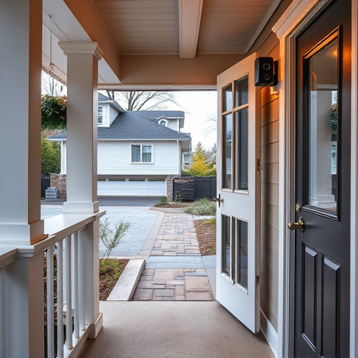 smart video doorbell on suburban porch,apartment entry secured with bolt lock,smart lock installed on modern front door,night vision security camera watching driveway,ai security camera scanning for movement,emergency alert system inside hallway