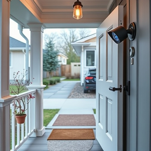 smart video doorbell on suburban porch,apartment entry secured with bolt lock,smart lock installed on modern front door,night vision security camera watching driveway,ai security camera scanning for movement,emergency alert system inside hallway