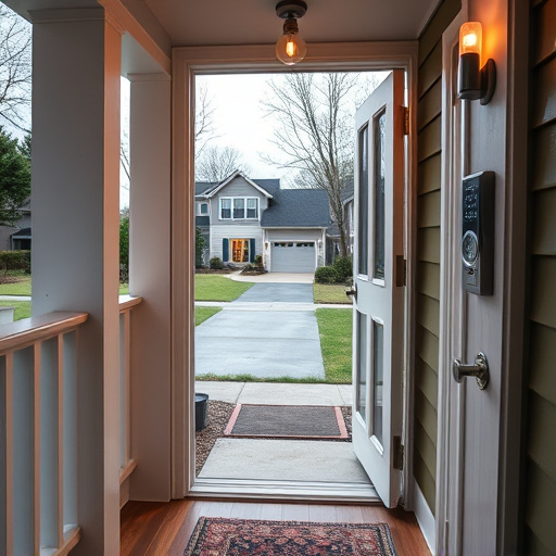 smart video doorbell on suburban porch,apartment entry secured with bolt lock,smart lock installed on modern front door,night vision security camera watching driveway,ai security camera scanning for movement,emergency alert system inside hallway