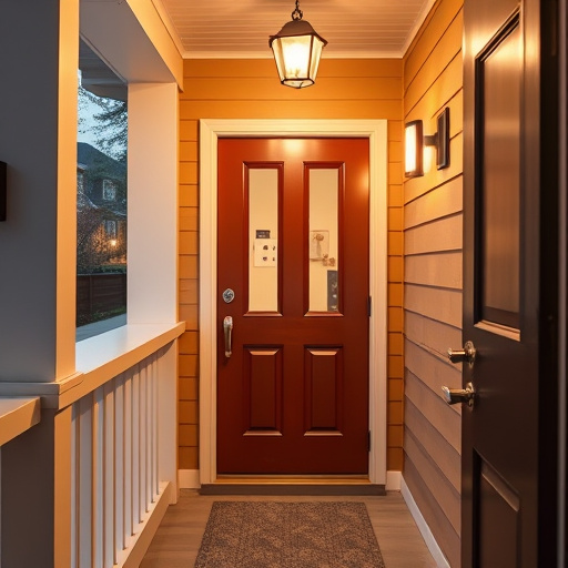 smart video doorbell on suburban porch,apartment entry secured with bolt lock,smart lock installed on modern front door,night vision security camera watching driveway,ai security camera scanning for movement,emergency alert system inside hallway