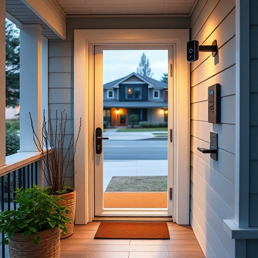 smart video doorbell on suburban porch,apartment entry secured with bolt lock,smart lock installed on modern front door,night vision security camera watching driveway,ai security camera scanning for movement,emergency alert system inside hallway