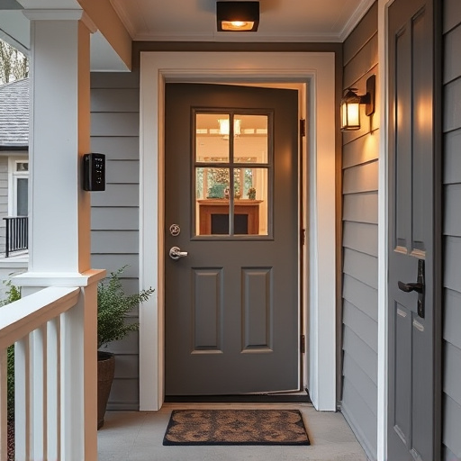smart video doorbell on suburban porch,apartment entry secured with bolt lock,smart lock installed on modern front door,night vision security camera watching driveway,ai security camera scanning for movement,emergency alert system inside hallway