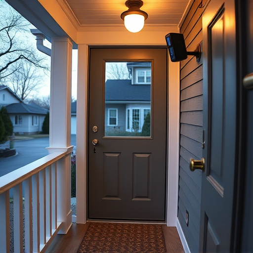 smart video doorbell on suburban porch,apartment entry secured with bolt lock,smart lock installed on modern front door,night vision security camera watching driveway,ai security camera scanning for movement,emergency alert system inside hallway