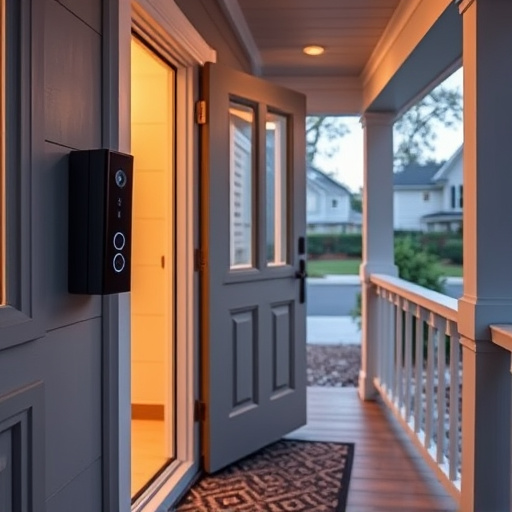 smart video doorbell on suburban porch,apartment entry secured with bolt lock,smart lock installed on modern front door,night vision security camera watching driveway,ai security camera scanning for movement,emergency alert system inside hallway
