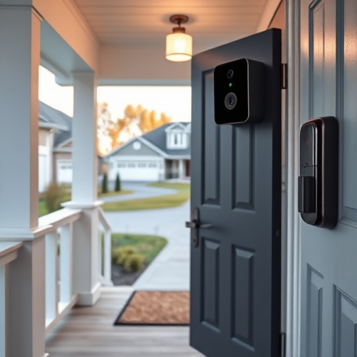 smart video doorbell on suburban porch,apartment entry secured with bolt lock,smart lock installed on modern front door,night vision security camera watching driveway,ai security camera scanning for movement,emergency alert system inside hallway
