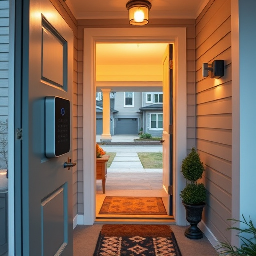 smart video doorbell on suburban porch,apartment entry secured with bolt lock,smart lock installed on modern front door,night vision security camera watching driveway,ai security camera scanning for movement,emergency alert system inside hallway