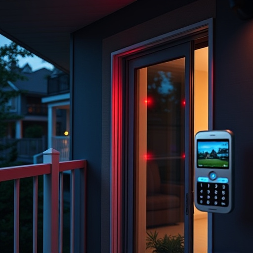 smart video doorbell on suburban porch,security keypad on modern apartment wall,flashing red home security alert light at night,glass break sensor on sliding door,sensor alert notification on homeowner’s phone