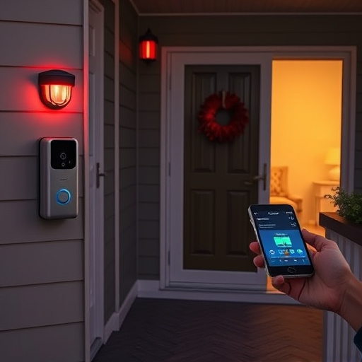 smart video doorbell on suburban porch,security keypad on modern apartment wall,flashing red home security alert light at night,glass break sensor on sliding door,sensor alert notification on homeowner’s phone