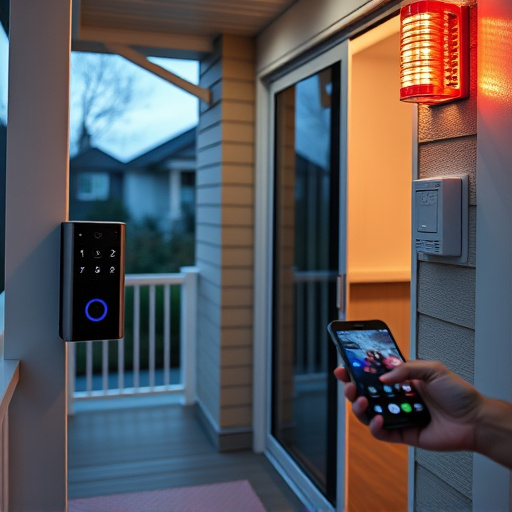 smart video doorbell on suburban porch,security keypad on modern apartment wall,flashing red home security alert light at night,glass break sensor on sliding door,sensor alert notification on homeowner’s phone