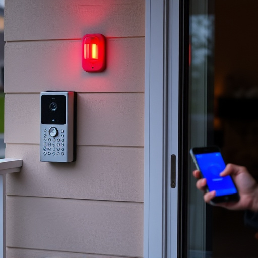 smart video doorbell on suburban porch,security keypad on modern apartment wall,flashing red home security alert light at night,glass break sensor on sliding door,sensor alert notification on homeowner’s phone