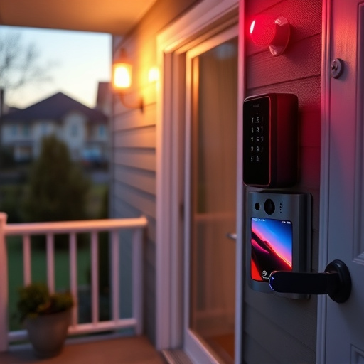 smart video doorbell on suburban porch,security keypad on modern apartment wall,flashing red home security alert light at night,glass break sensor on sliding door,sensor alert notification on homeowner’s phone