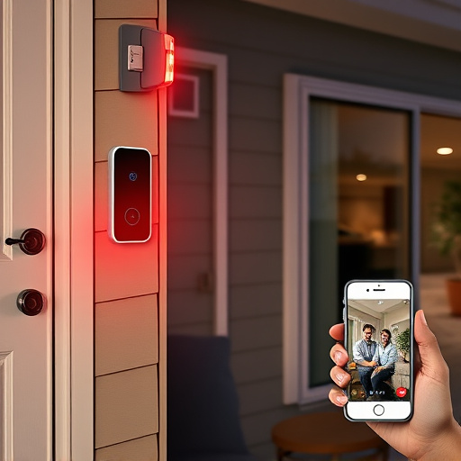 smart video doorbell on suburban porch,security keypad on modern apartment wall,flashing red home security alert light at night,glass break sensor on sliding door,sensor alert notification on homeowner’s phone