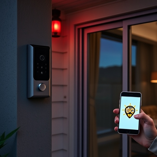 smart video doorbell on suburban porch,security keypad on modern apartment wall,flashing red home security alert light at night,glass break sensor on sliding door,sensor alert notification on homeowner’s phone
