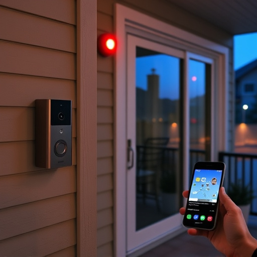 smart video doorbell on suburban porch,security keypad on modern apartment wall,flashing red home security alert light at night,glass break sensor on sliding door,sensor alert notification on homeowner’s phone