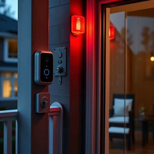 smart video doorbell on suburban porch,security keypad on modern apartment wall,flashing red home security alert light at night,glass break sensor on sliding door,sensor alert notification on homeowner’s phone