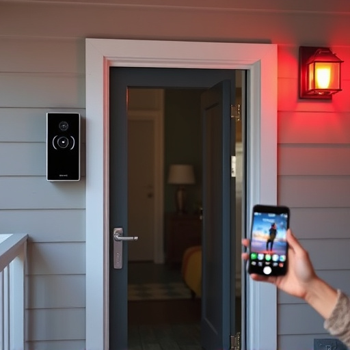 smart video doorbell on suburban porch,security keypad on modern apartment wall,flashing red home security alert light at night,glass break sensor on sliding door,sensor alert notification on homeowner’s phone
