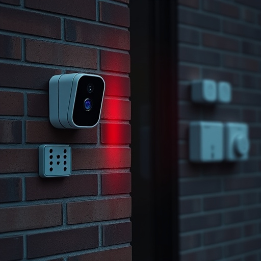 wireless doorbell with camera on brick home,ai security camera scanning for movement,flashing red home security alert light at night,security keypad on modern apartment wall,connected smart home with multiple sensors