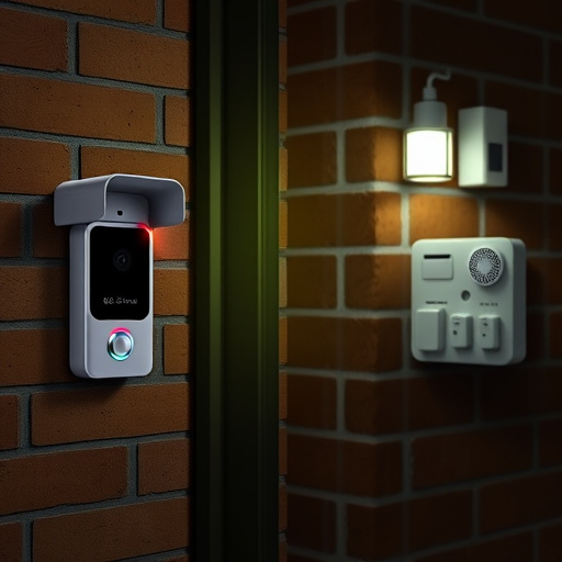 wireless doorbell with camera on brick home,ai security camera scanning for movement,flashing red home security alert light at night,security keypad on modern apartment wall,connected smart home with multiple sensors
