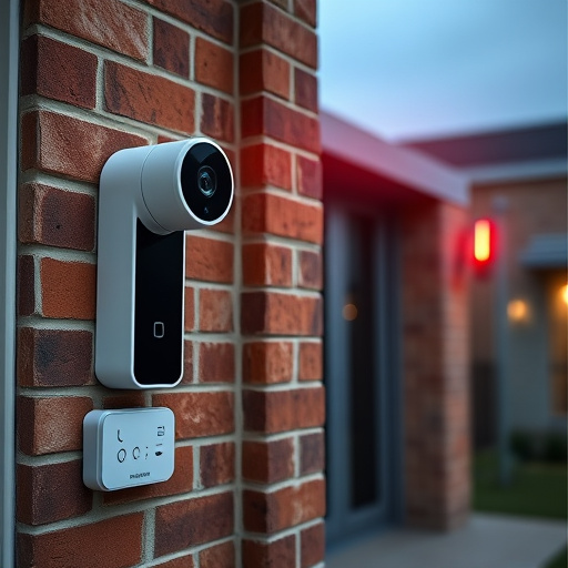 wireless doorbell with camera on brick home,ai security camera scanning for movement,flashing red home security alert light at night,security keypad on modern apartment wall,connected smart home with multiple sensors