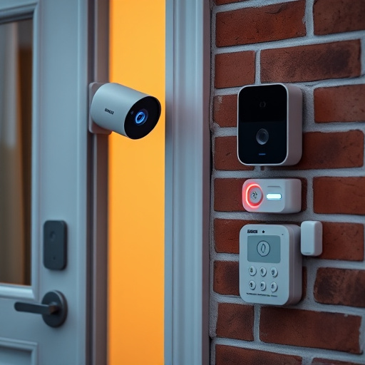 wireless doorbell with camera on brick home,ai security camera scanning for movement,flashing red home security alert light at night,security keypad on modern apartment wall,connected smart home with multiple sensors