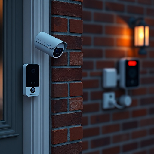 wireless doorbell with camera on brick home,ai security camera scanning for movement,flashing red home security alert light at night,security keypad on modern apartment wall,connected smart home with multiple sensors