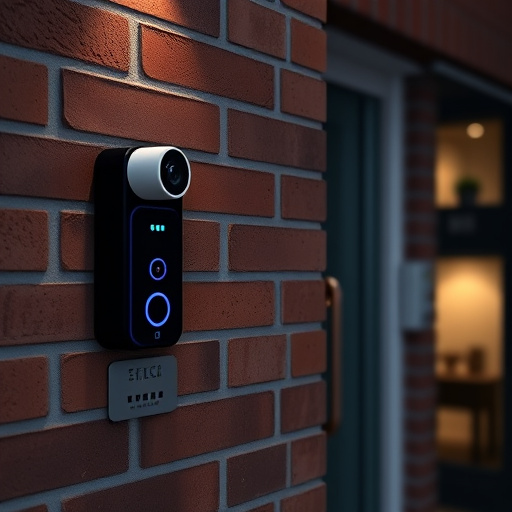 wireless doorbell with camera on brick home,ai security camera scanning for movement,flashing red home security alert light at night,security keypad on modern apartment wall,connected smart home with multiple sensors