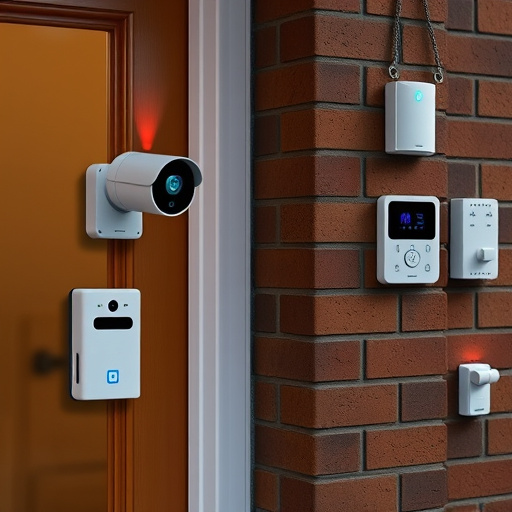 wireless doorbell with camera on brick home,ai security camera scanning for movement,flashing red home security alert light at night,security keypad on modern apartment wall,connected smart home with multiple sensors
