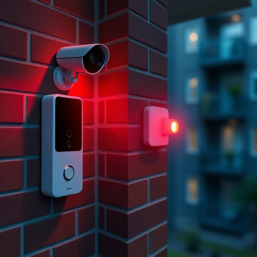 wireless doorbell with camera on brick home,ai security camera scanning for movement,flashing red home security alert light at night,security keypad on modern apartment wall,connected smart home with multiple sensors