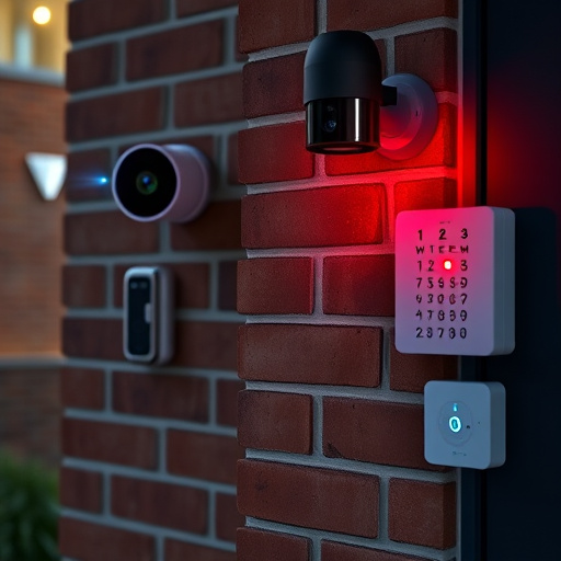 wireless doorbell with camera on brick home,ai security camera scanning for movement,flashing red home security alert light at night,security keypad on modern apartment wall,connected smart home with multiple sensors