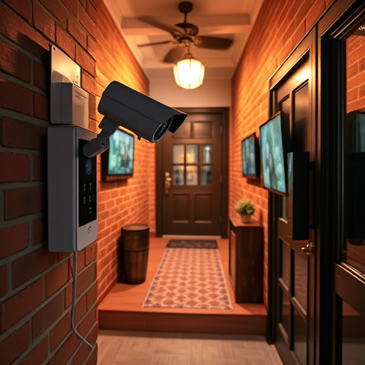 ai security camera scanning for movement,wireless doorbell with camera on brick home,emergency alert system inside hallway,home monitoring control room with multiple screens,compact wireless doorbell at urban entry