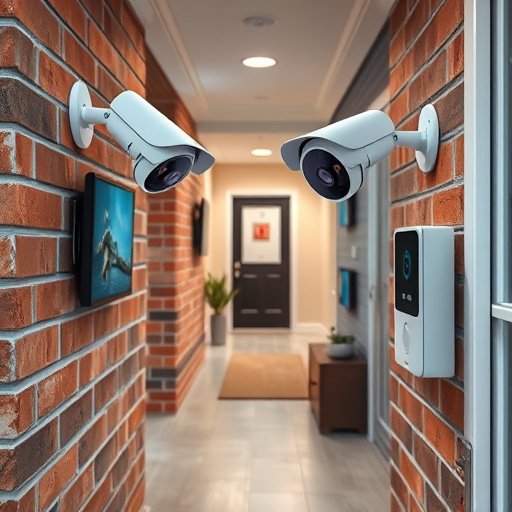 ai security camera scanning for movement,wireless doorbell with camera on brick home,emergency alert system inside hallway,home monitoring control room with multiple screens,compact wireless doorbell at urban entry