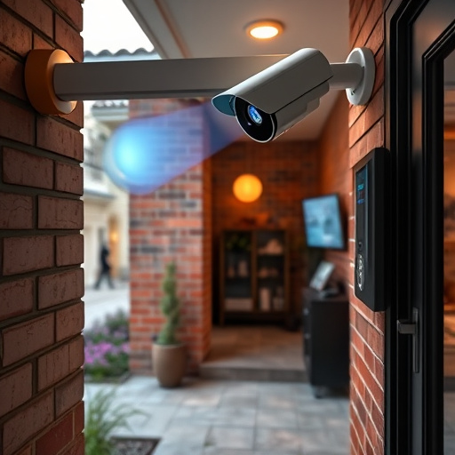 ai security camera scanning for movement,wireless doorbell with camera on brick home,emergency alert system inside hallway,home monitoring control room with multiple screens,compact wireless doorbell at urban entry