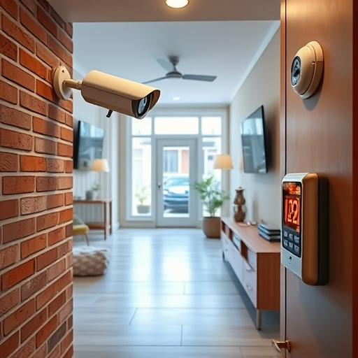 ai security camera scanning for movement,wireless doorbell with camera on brick home,emergency alert system inside hallway,home monitoring control room with multiple screens,compact wireless doorbell at urban entry