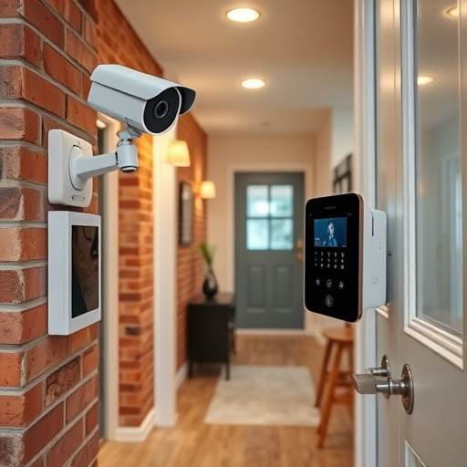 ai security camera scanning for movement,wireless doorbell with camera on brick home,emergency alert system inside hallway,home monitoring control room with multiple screens,compact wireless doorbell at urban entry