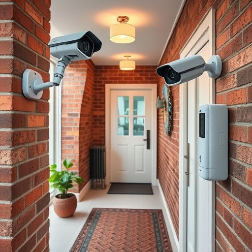 ai security camera scanning for movement,wireless doorbell with camera on brick home,emergency alert system inside hallway,home monitoring control room with multiple screens,compact wireless doorbell at urban entry