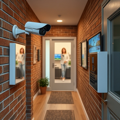 ai security camera scanning for movement,wireless doorbell with camera on brick home,emergency alert system inside hallway,home monitoring control room with multiple screens,compact wireless doorbell at urban entry