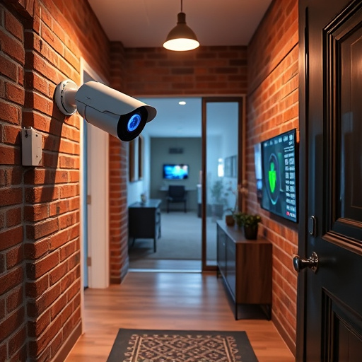 ai security camera scanning for movement,wireless doorbell with camera on brick home,emergency alert system inside hallway,home monitoring control room with multiple screens,compact wireless doorbell at urban entry