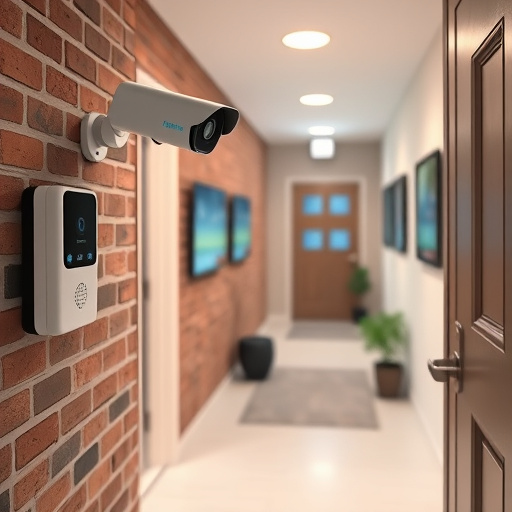ai security camera scanning for movement,wireless doorbell with camera on brick home,emergency alert system inside hallway,home monitoring control room with multiple screens,compact wireless doorbell at urban entry