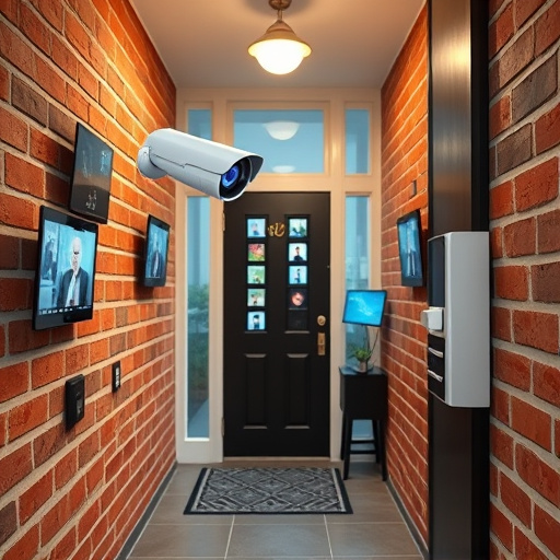 ai security camera scanning for movement,wireless doorbell with camera on brick home,emergency alert system inside hallway,home monitoring control room with multiple screens,compact wireless doorbell at urban entry