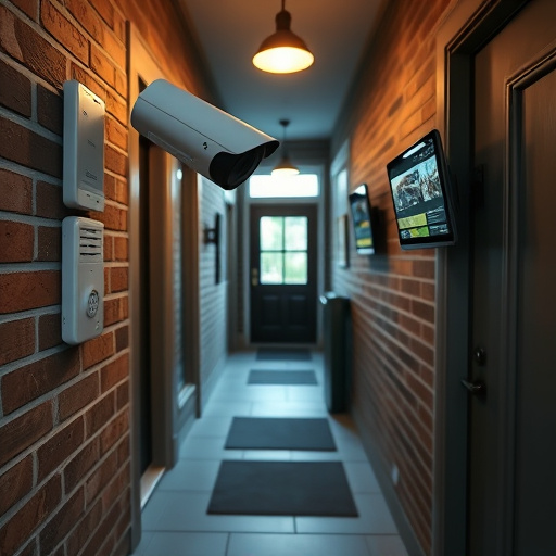 ai security camera scanning for movement,wireless doorbell with camera on brick home,emergency alert system inside hallway,home monitoring control room with multiple screens,compact wireless doorbell at urban entry