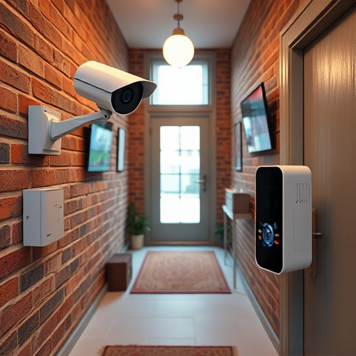 ai security camera scanning for movement,wireless doorbell with camera on brick home,emergency alert system inside hallway,home monitoring control room with multiple screens,compact wireless doorbell at urban entry