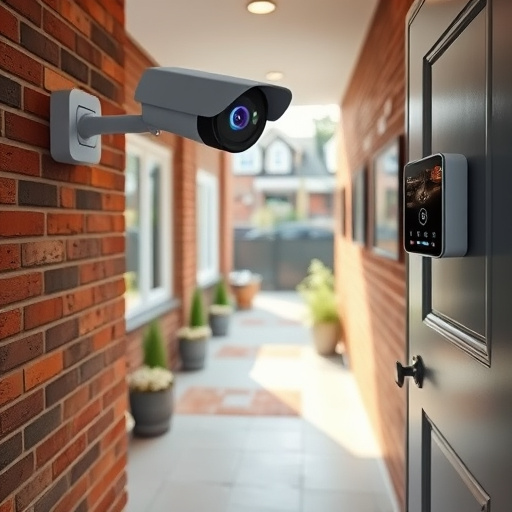 ai security camera scanning for movement,wireless doorbell with camera on brick home,emergency alert system inside hallway,home monitoring control room with multiple screens,compact wireless doorbell at urban entry