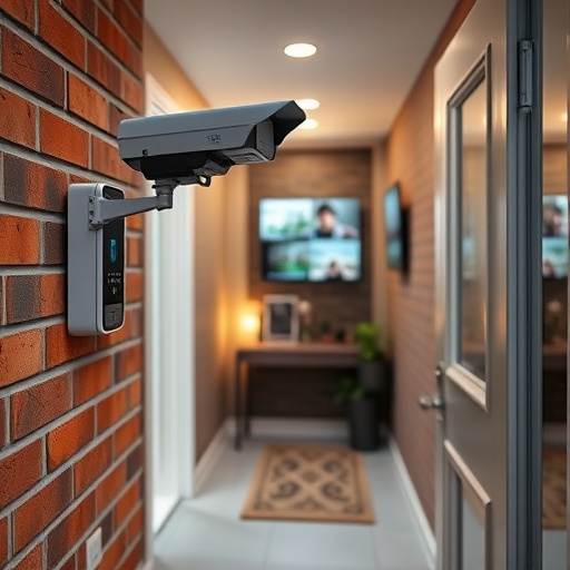 ai security camera scanning for movement,wireless doorbell with camera on brick home,emergency alert system inside hallway,home monitoring control room with multiple screens,compact wireless doorbell at urban entry
