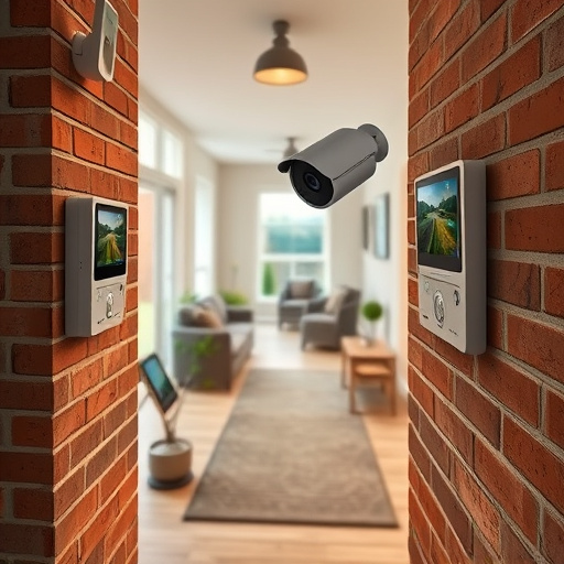 ai security camera scanning for movement,wireless doorbell with camera on brick home,emergency alert system inside hallway,home monitoring control room with multiple screens,compact wireless doorbell at urban entry