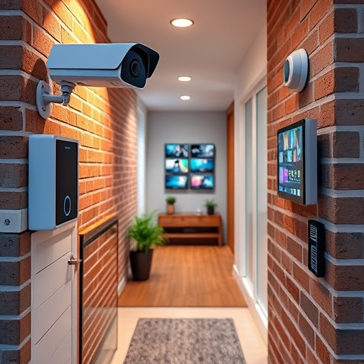 ai security camera scanning for movement,wireless doorbell with camera on brick home,emergency alert system inside hallway,home monitoring control room with multiple screens,compact wireless doorbell at urban entry