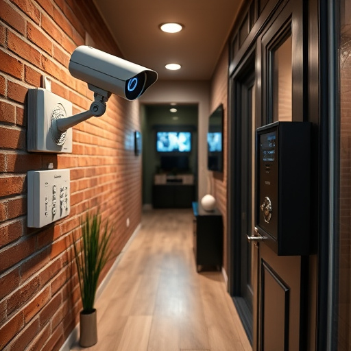 ai security camera scanning for movement,wireless doorbell with camera on brick home,emergency alert system inside hallway,home monitoring control room with multiple screens,compact wireless doorbell at urban entry