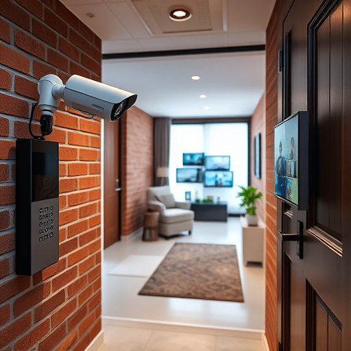 ai security camera scanning for movement,wireless doorbell with camera on brick home,emergency alert system inside hallway,home monitoring control room with multiple screens,compact wireless doorbell at urban entry