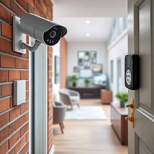 ai security camera scanning for movement,wireless doorbell with camera on brick home,emergency alert system inside hallway,home monitoring control room with multiple screens,compact wireless doorbell at urban entry