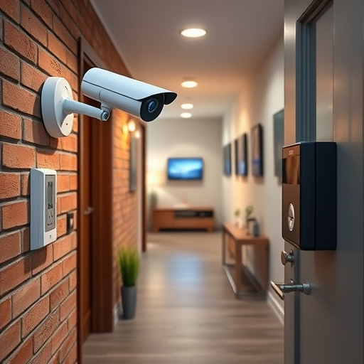 ai security camera scanning for movement,wireless doorbell with camera on brick home,emergency alert system inside hallway,home monitoring control room with multiple screens,compact wireless doorbell at urban entry