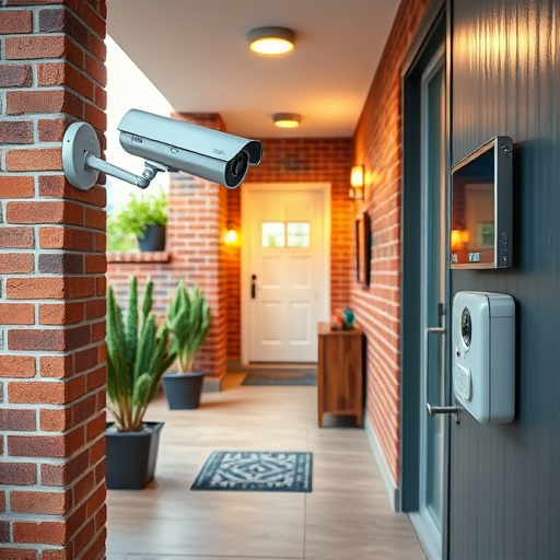 ai security camera scanning for movement,wireless doorbell with camera on brick home,emergency alert system inside hallway,home monitoring control room with multiple screens,compact wireless doorbell at urban entry